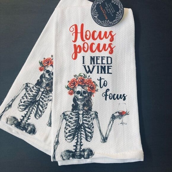 Halloween Skeleton Hocus Pocus Wine to Focus Kitchen Dish Towels - Picture 2 of 2
